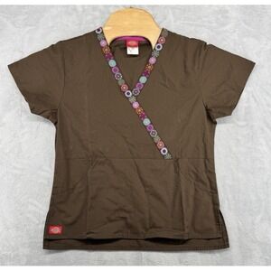Dickies Medical Nurse Uniform Colorful V Neck Pockets Brown Women's Size XS NWOT